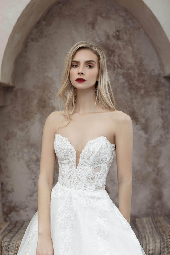 Magnolia White Amaryllis sample sale lace aline wedding dress with sparkles front details view