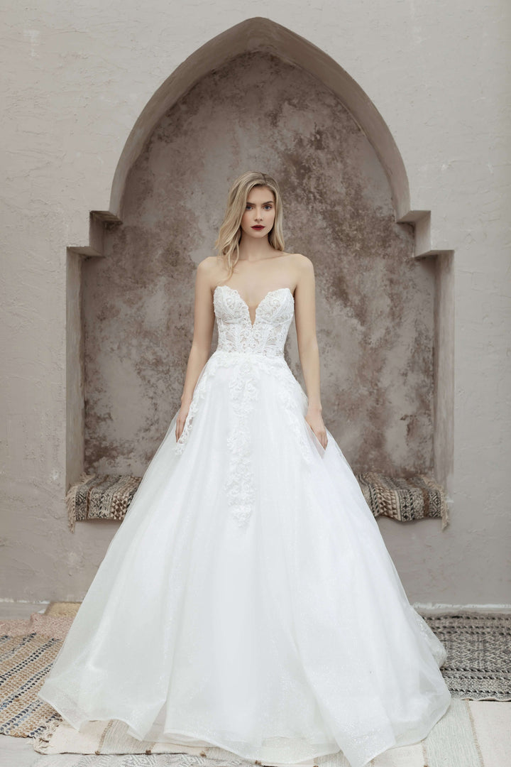 Magnolia White Amaryllis sample sale lace aline wedding dress with sparkles front view