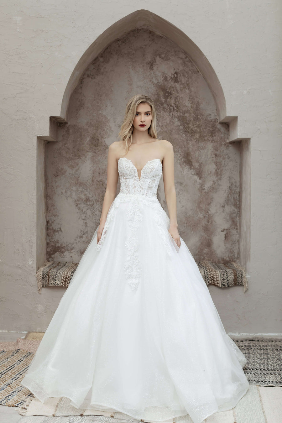 Magnolia White Amaryllis sample sale lace aline wedding dress with sparkles front view