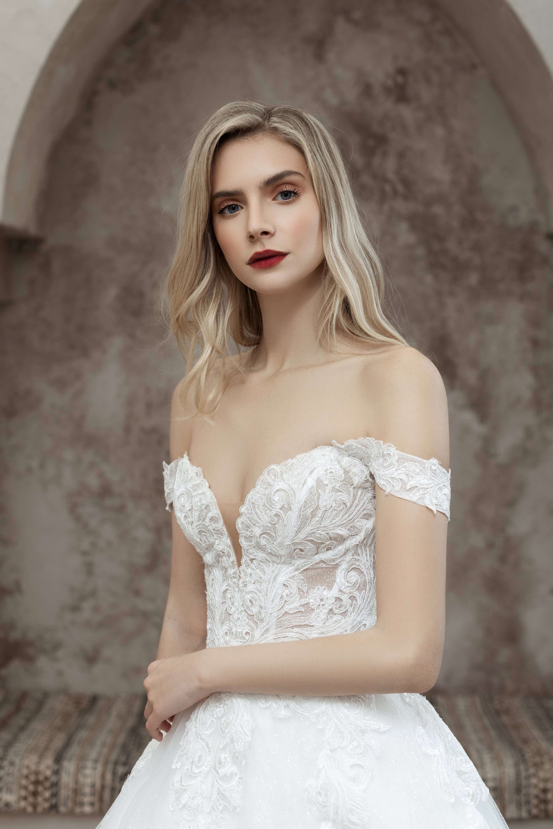 Magnolia White Amaryllis sample sale lace aline wedding dress with sparkles side details view