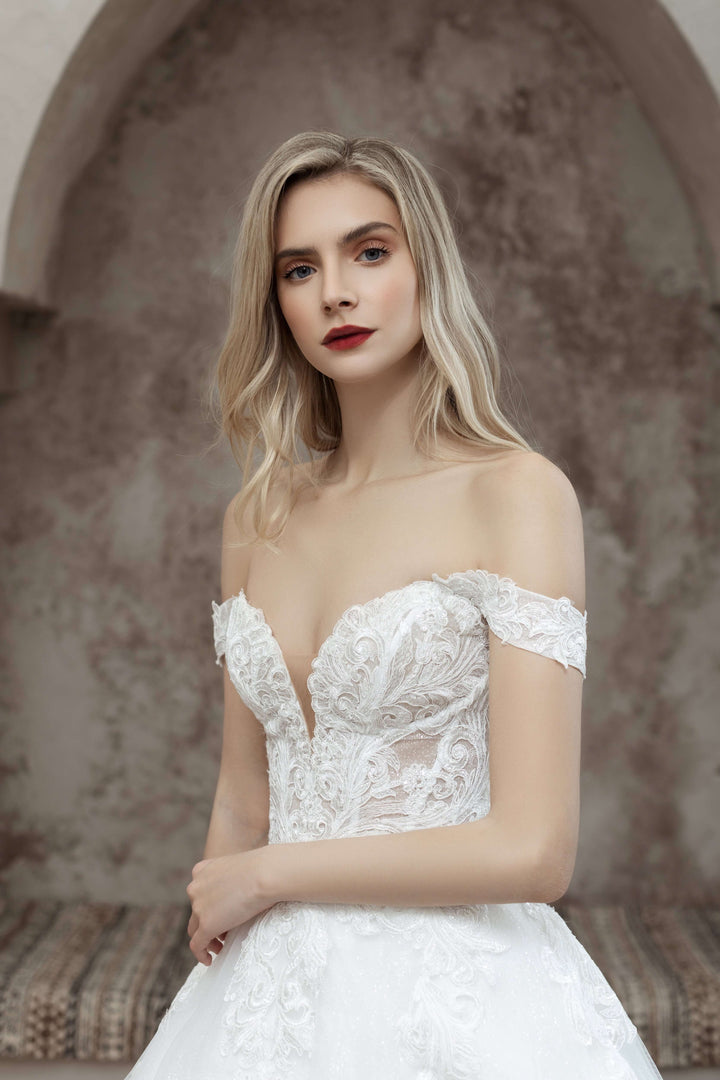 Magnolia White Amaryllis sample sale lace aline wedding dress with sparkles side details view