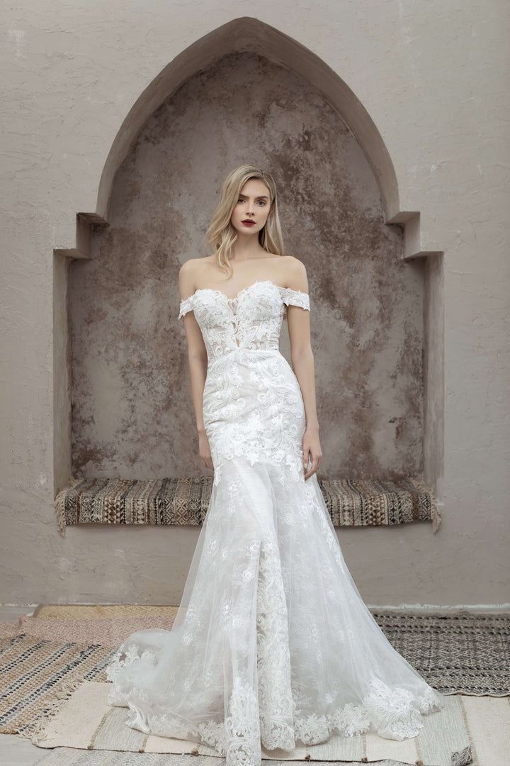 Magnolia White Aubreita sample sale lace wedding dress front view