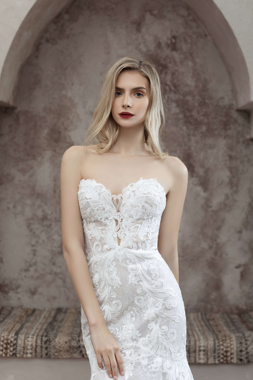 Magnolia White Aubreita sample sale lace strapless wedding dress front details view