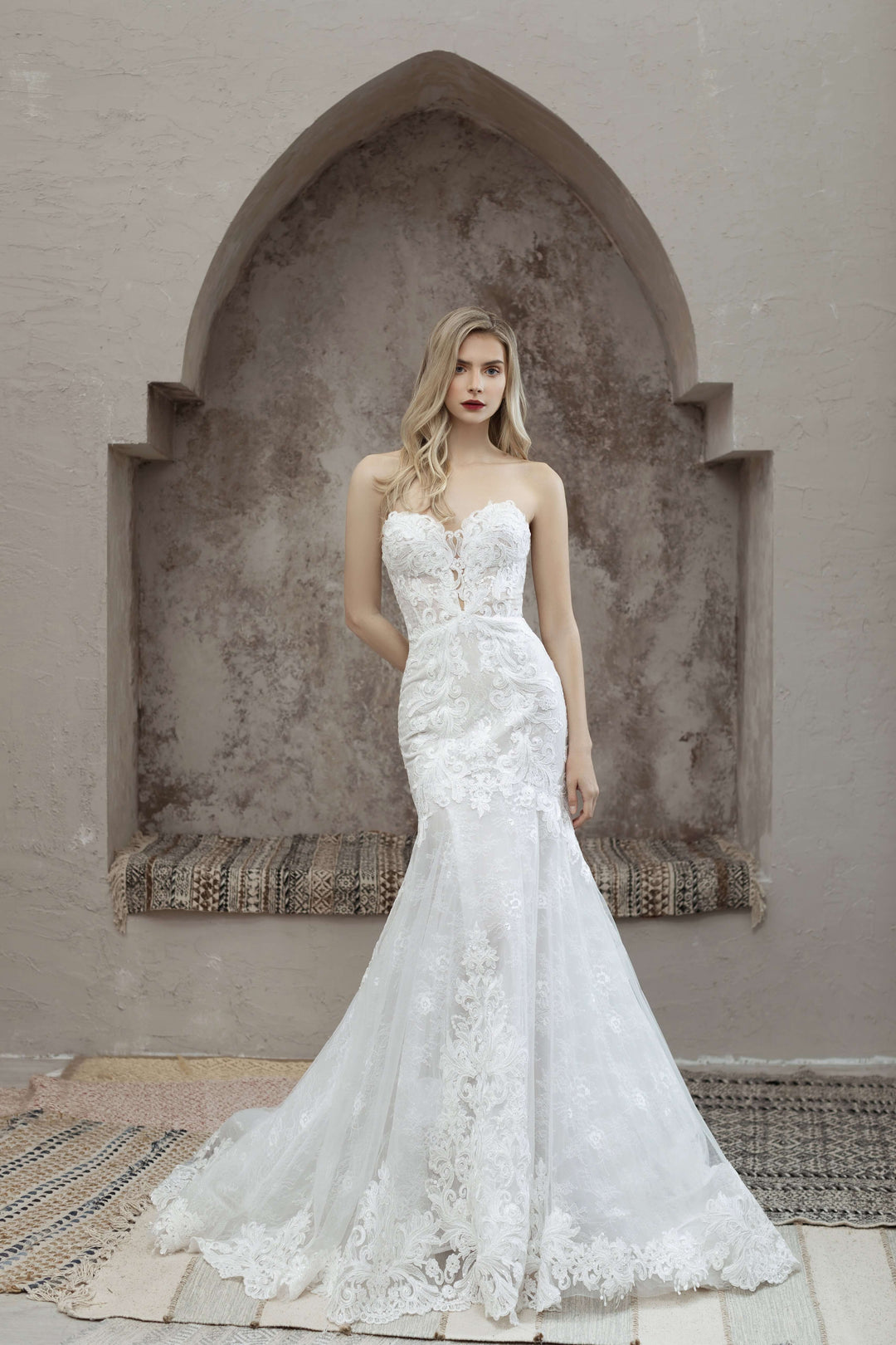 Magnolia White Aubreita sample sale lace strapless wedding dress front view