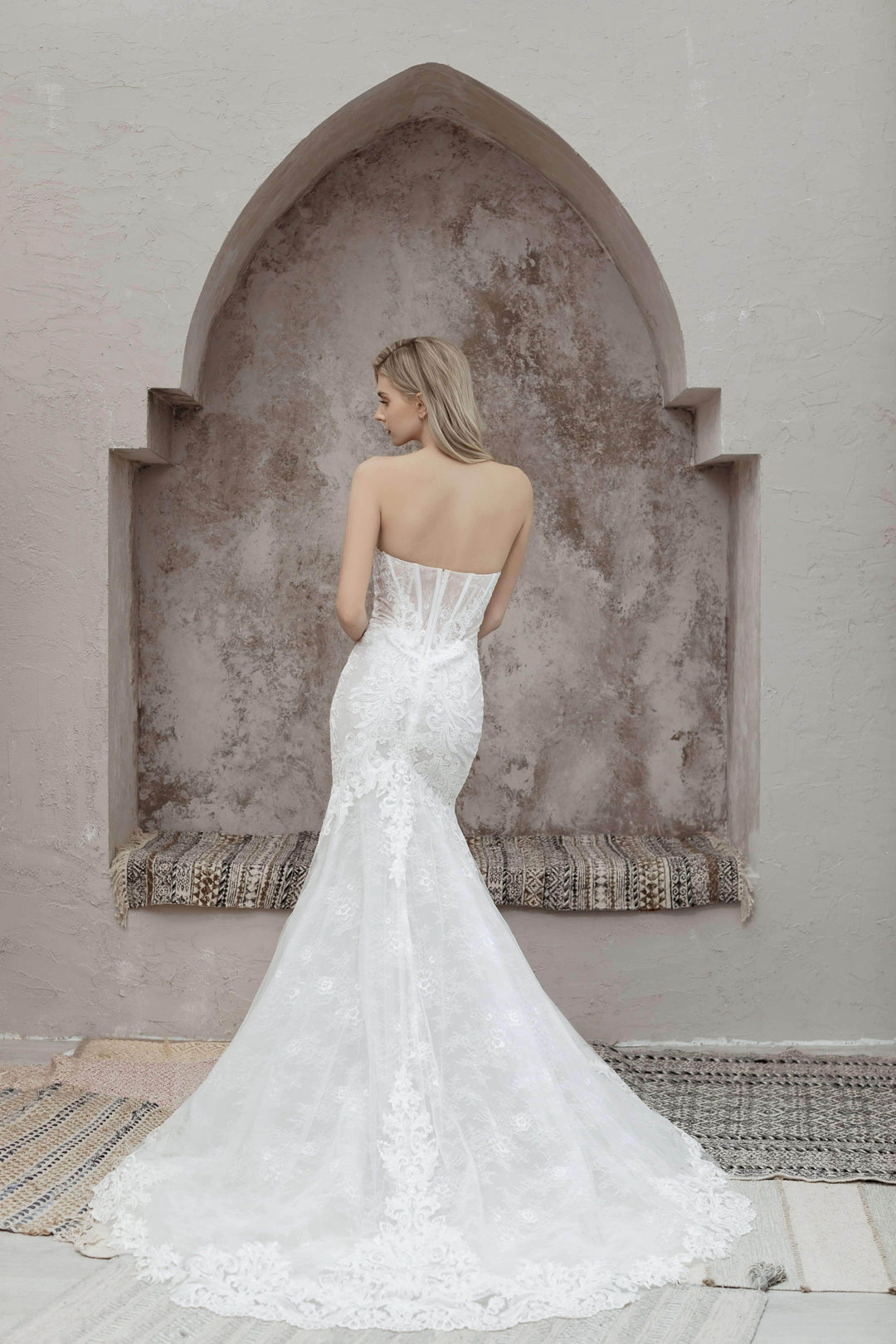Magnolia White Aubreita sample sale lace wedding dress train view