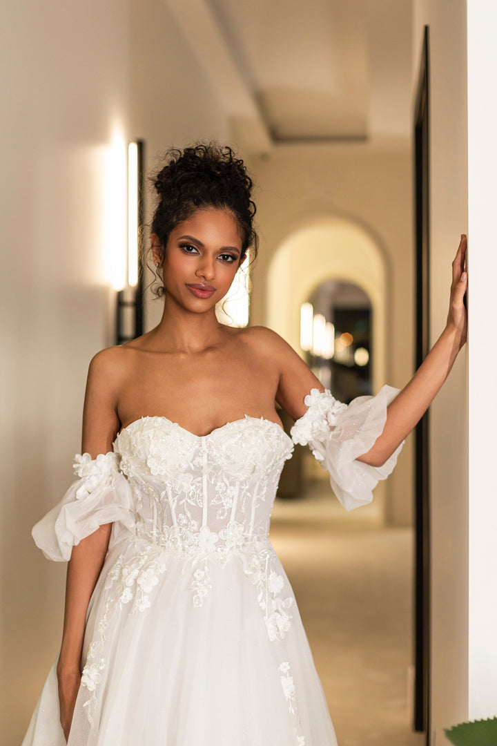 Magnolia White Valerian sample sale wedding dress aline with floral appliqués front details view