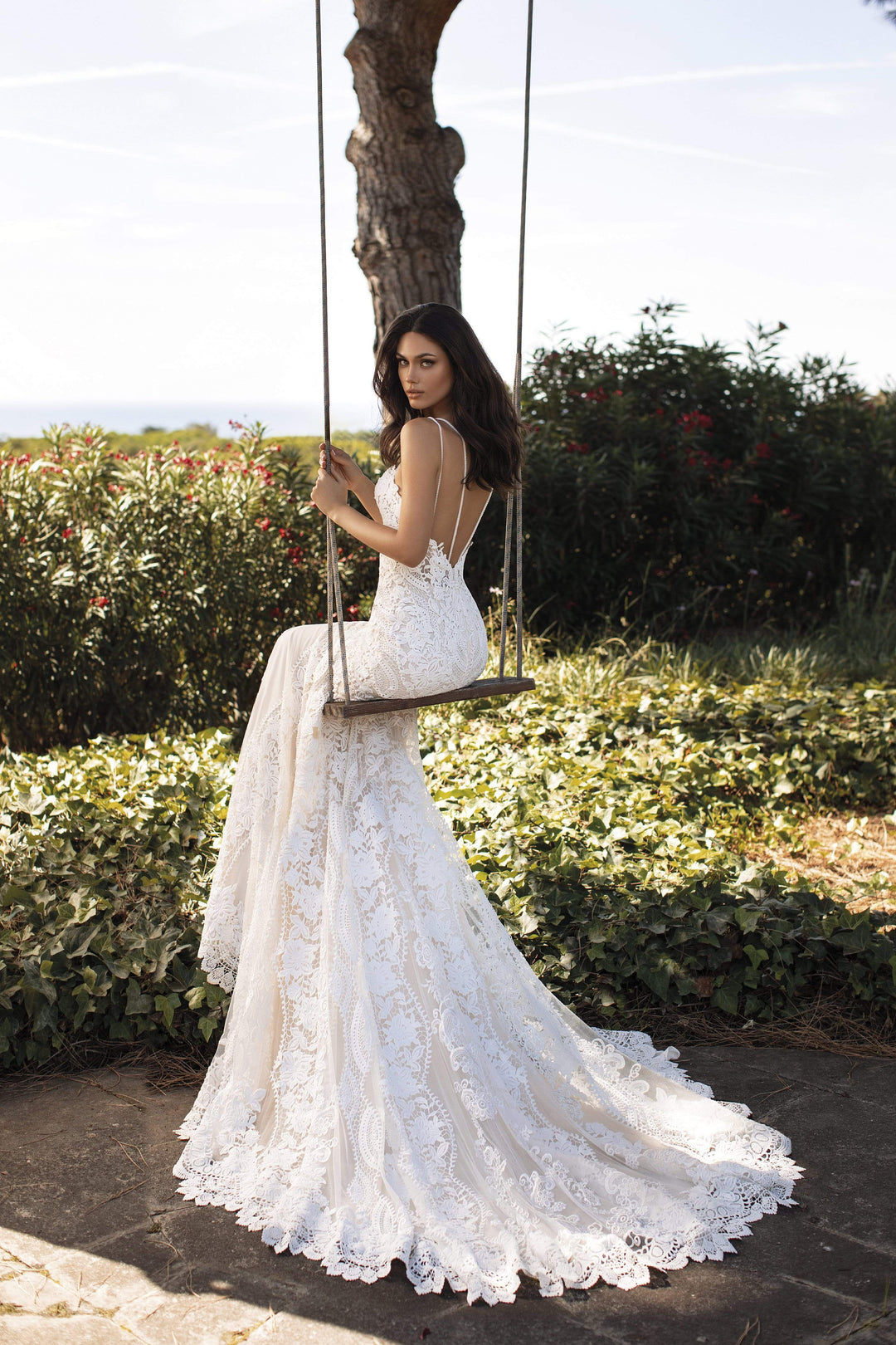Pronovias Floriana sample sale lace wedding dress with spaghetti straps back view