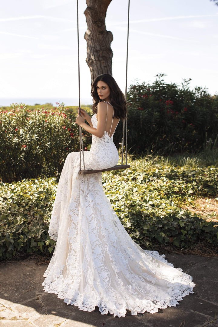Pronovias Floriana sample sale lace wedding dress with spaghetti straps back view