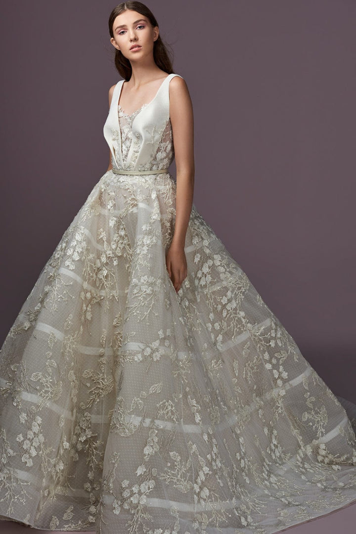 Saiid Kobeisy WE3491 sample sale wedding dress aline with floral design front view