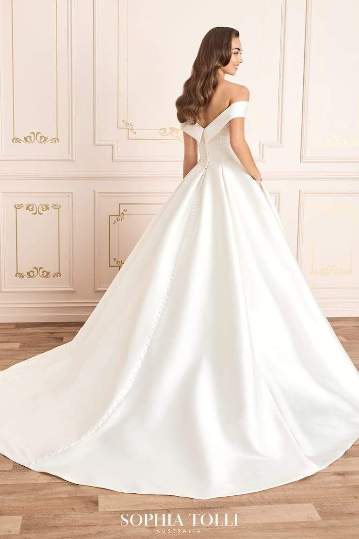 Sophia Tolli Y12014 Kennedy aline mikado wedding dress with off-the-shoulder straps and natural waist back view