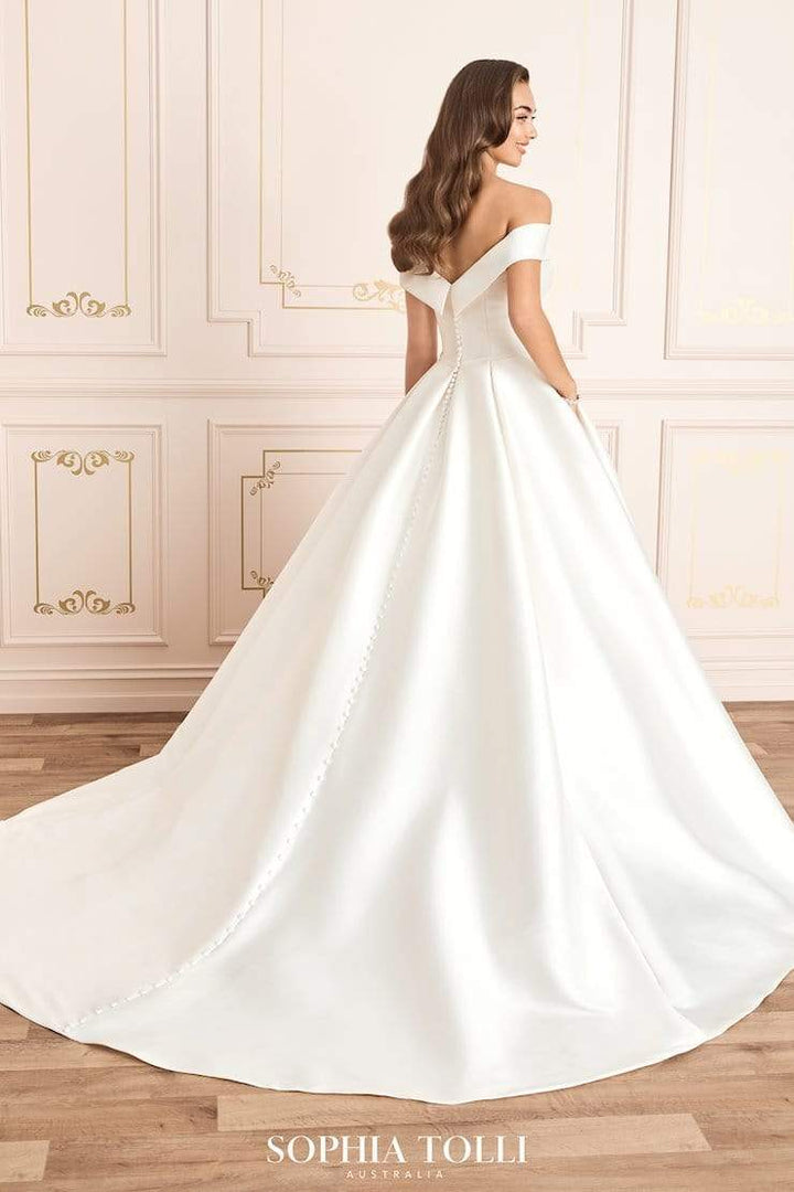 Sophia Tolli Y12014 Kennedy aline mikado wedding dress with off-the-shoulder straps and natural waist back view