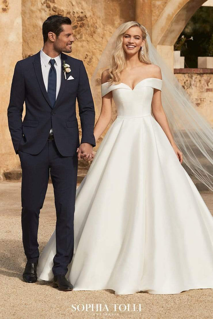 Sophia Tolli Y12014 Kennedy aline mikado wedding dress with off-the-shoulder straps and natural waist front view