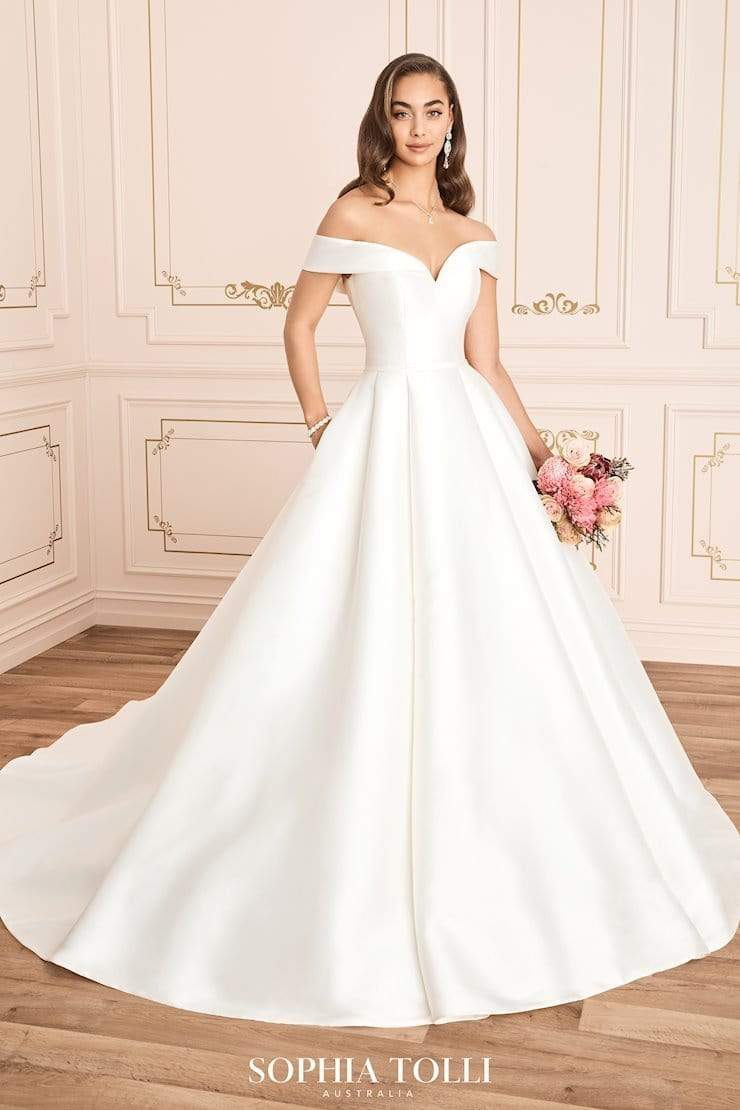Sophia Tolli Y12014 Kennedy aline mikado wedding dress with off-the-shoulder straps and natural waist front view