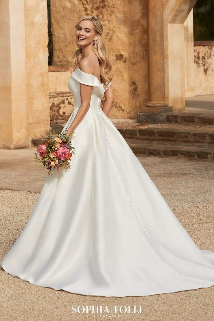 Sophia Tolli Y12014 Kennedy aline mikado wedding dress with off-the-shoulder straps and natural waist side view