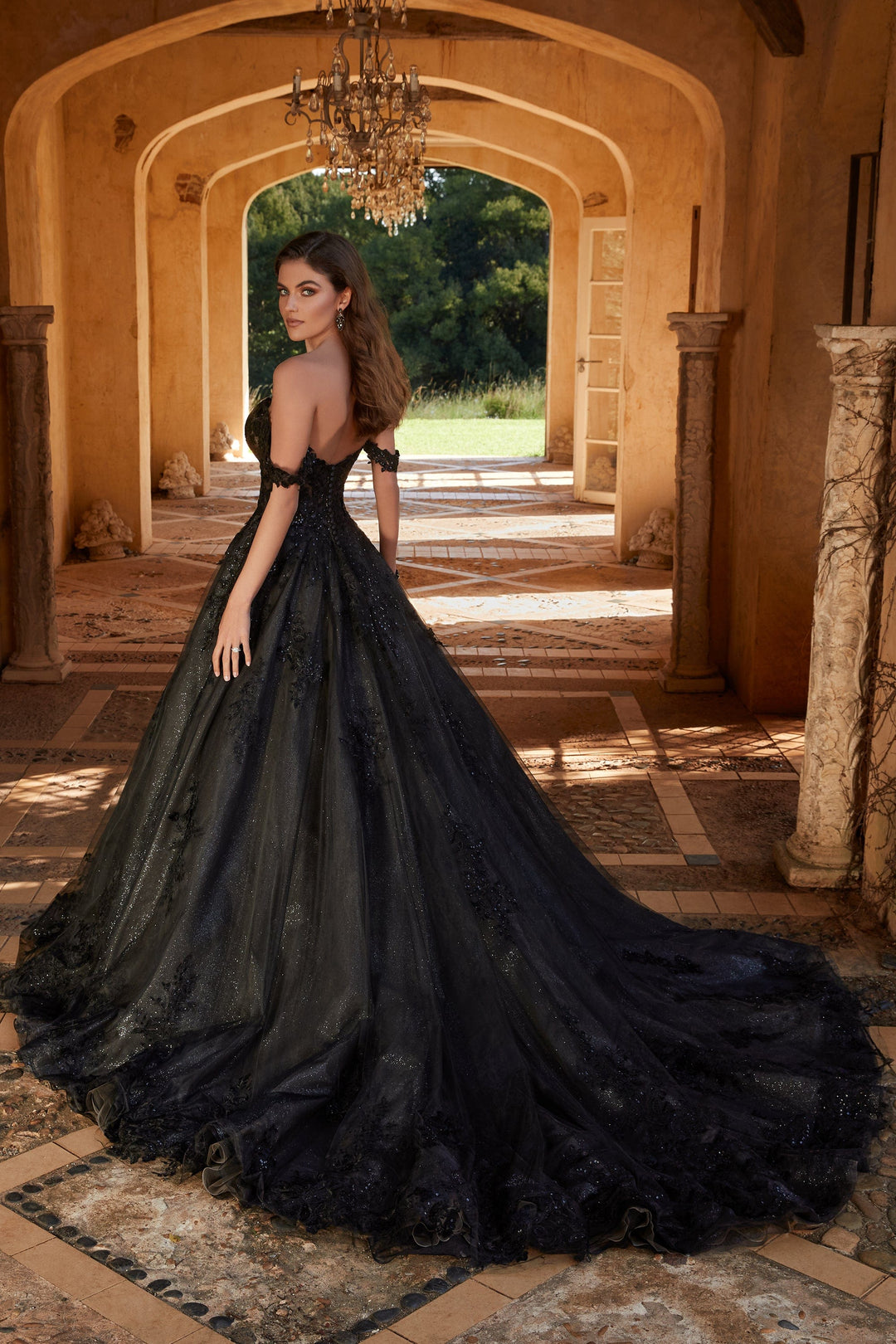 Sophia Tolli Y12248 Rebekah black wedding dress with floral lace and sweetheart neckline train view
