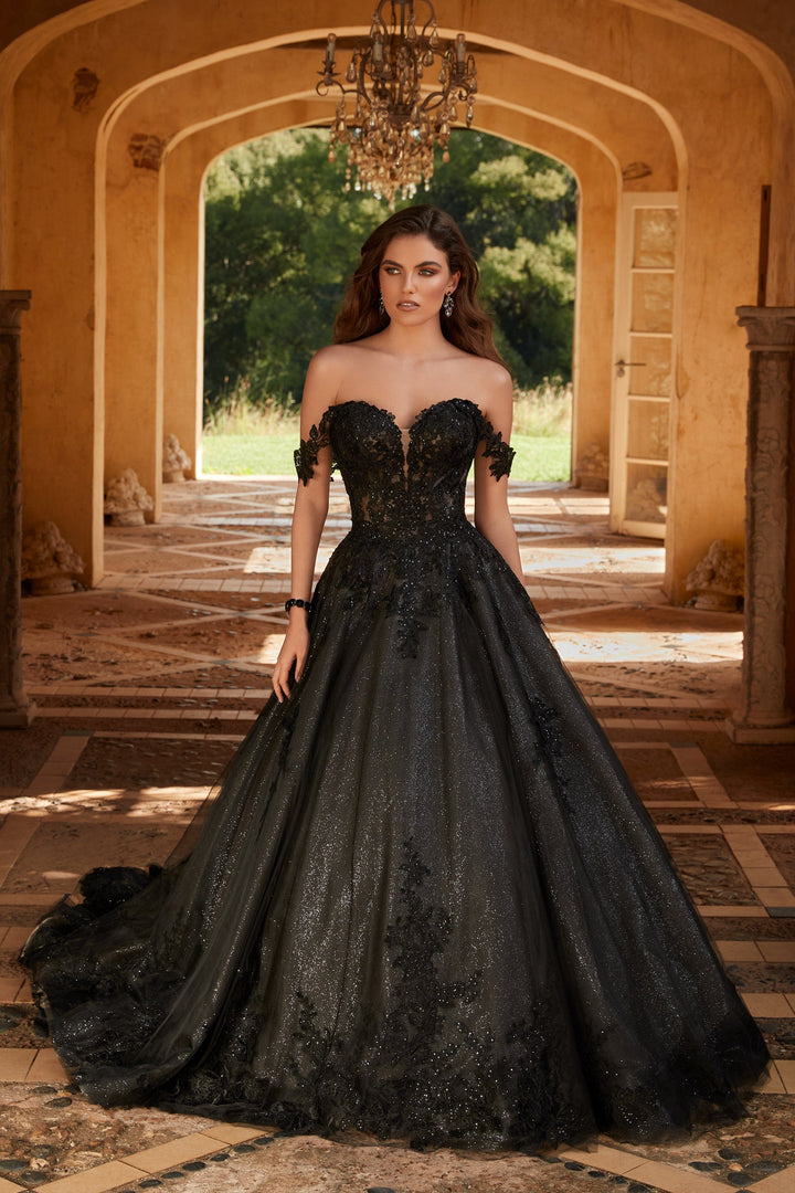Sophia Tolli Y12248 Rebekah black wedding dress with floral lace and sweetheart neckline front view