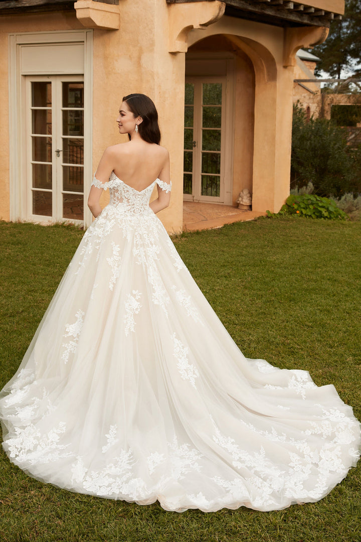 Sophia Tolli Y12248 Rebekah tulle wedding dress with floral lace and sweetheart neckline train view