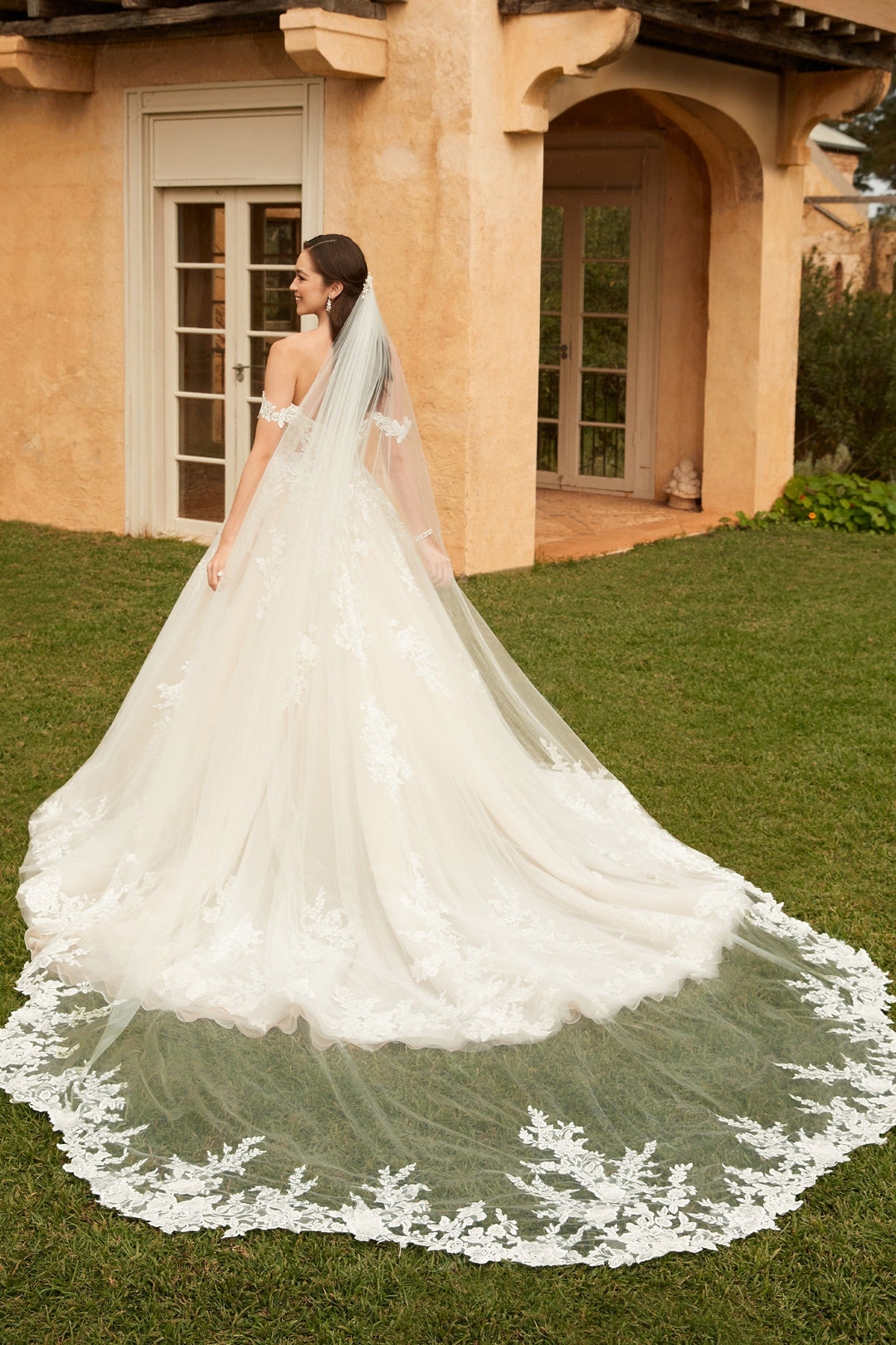 Sophia Tolli Y12248 Rebekah tulle wedding dress with floral lace and sweetheart neckline veil view