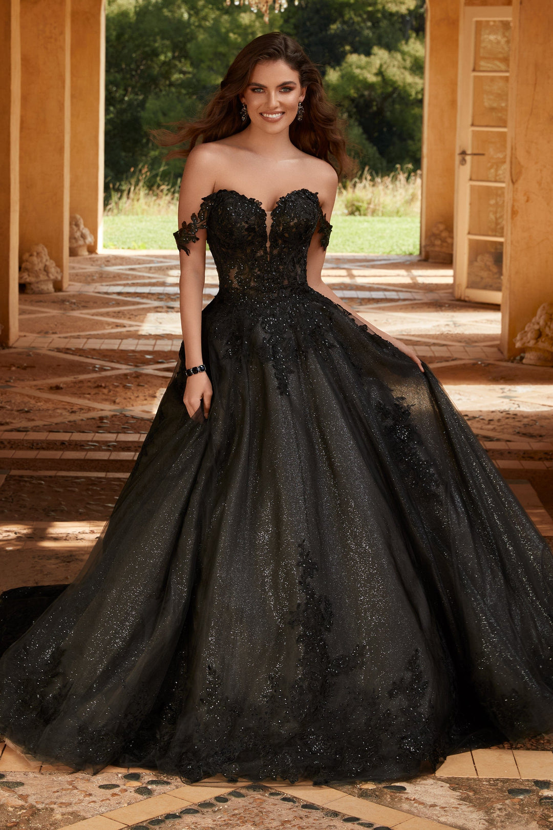 Sophia Tolli Y12248 Rebekah black wedding dress with floral lace and sweetheart neckline front view