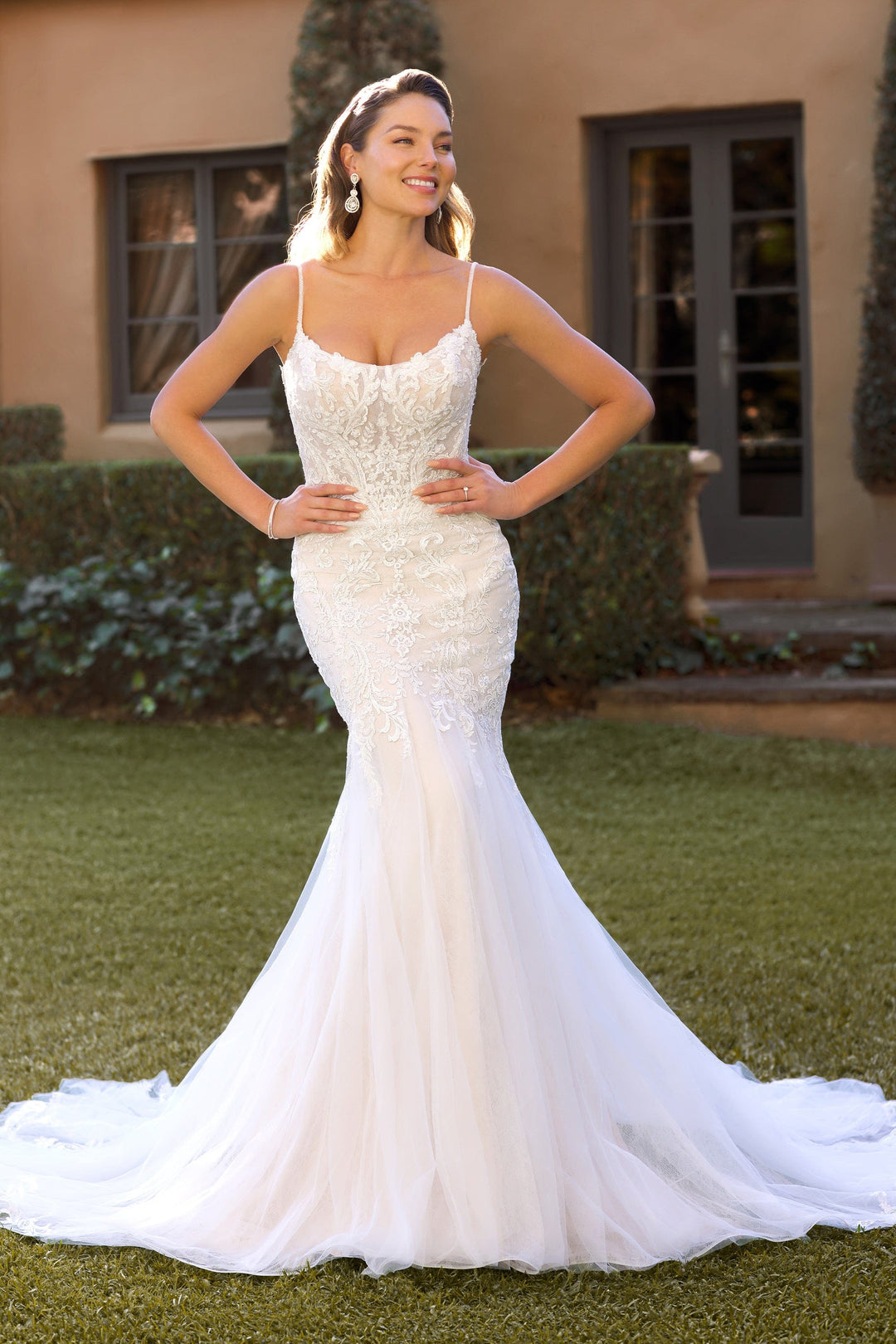 Sophia Tolli Y3100 Lydia fit-and-flare wedding dress with floral lace and spaghetti straps front view