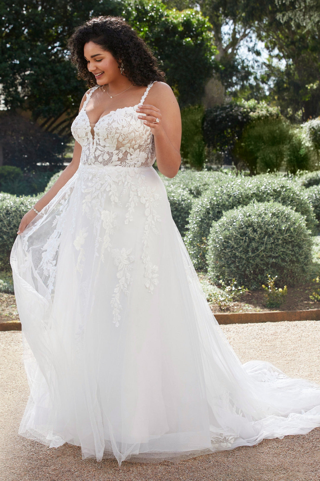 Sophia Tolli Y3101 Matilda a-line wedding dress with floral appliqués and beads plus size side view