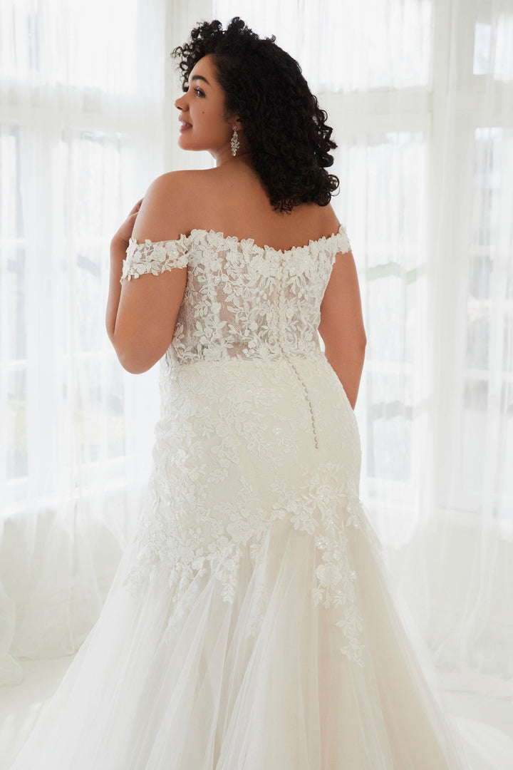 Sophia Tolli Y3104 Molly fit and flare wedding dress with floral lace plus size back details view