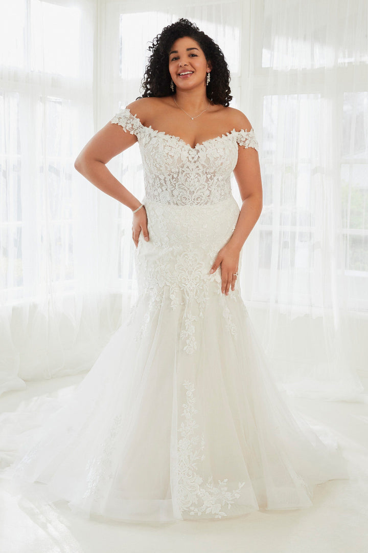 Sophia Tolli Y3104 Molly fit and flare wedding dress with floral lace plus size front view