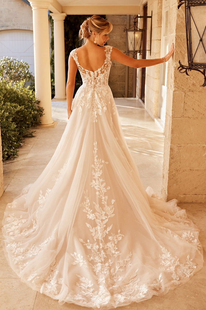 Sophia Tolli Y3107 Autumn aline wedding dress with cap sleeves and floral lace back view