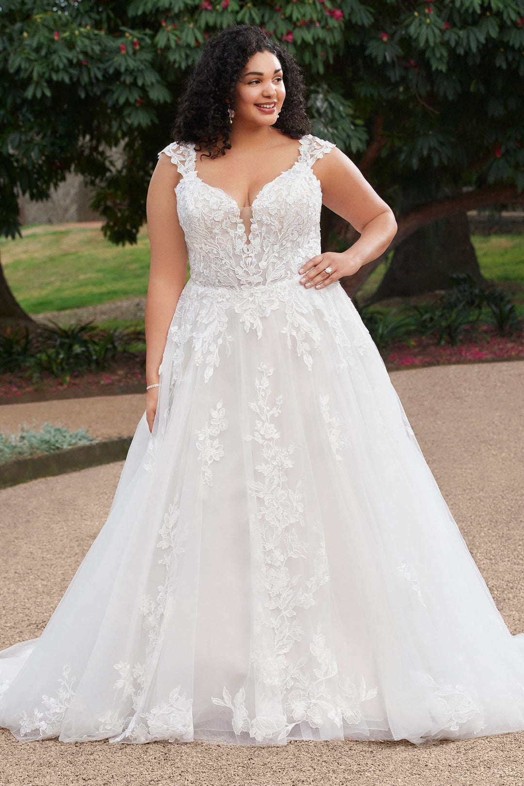 Sophia Tolli Y3107 Autumn aline wedding dress with cap sleeves and floral lace plus size front view