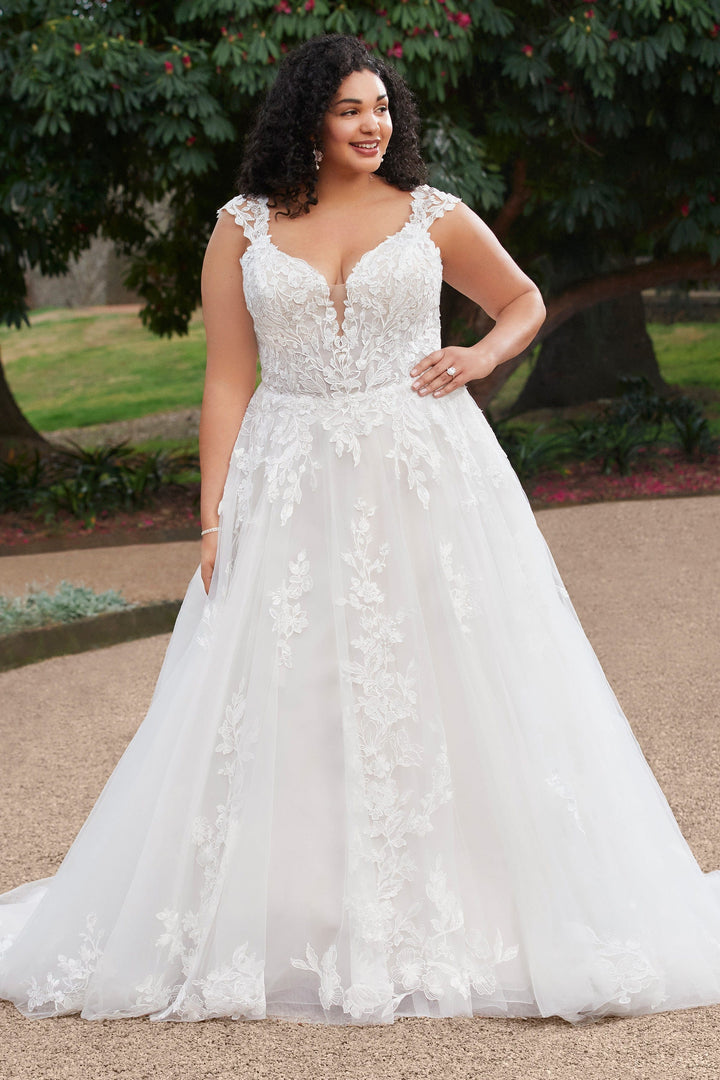Sophia Tolli Y3107 Autumn aline wedding dress with cap sleeves and floral lace plus size front view