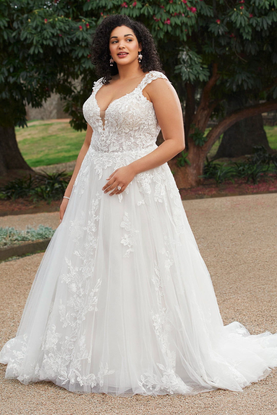 Sophia Tolli Y3107 Autumn aline wedding dress with cap sleeves and floral lace side view
